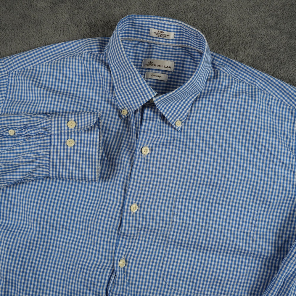Peter Millar Crown Soft Button Down Shirt Mens L Gingham Silk Blend Embroidered